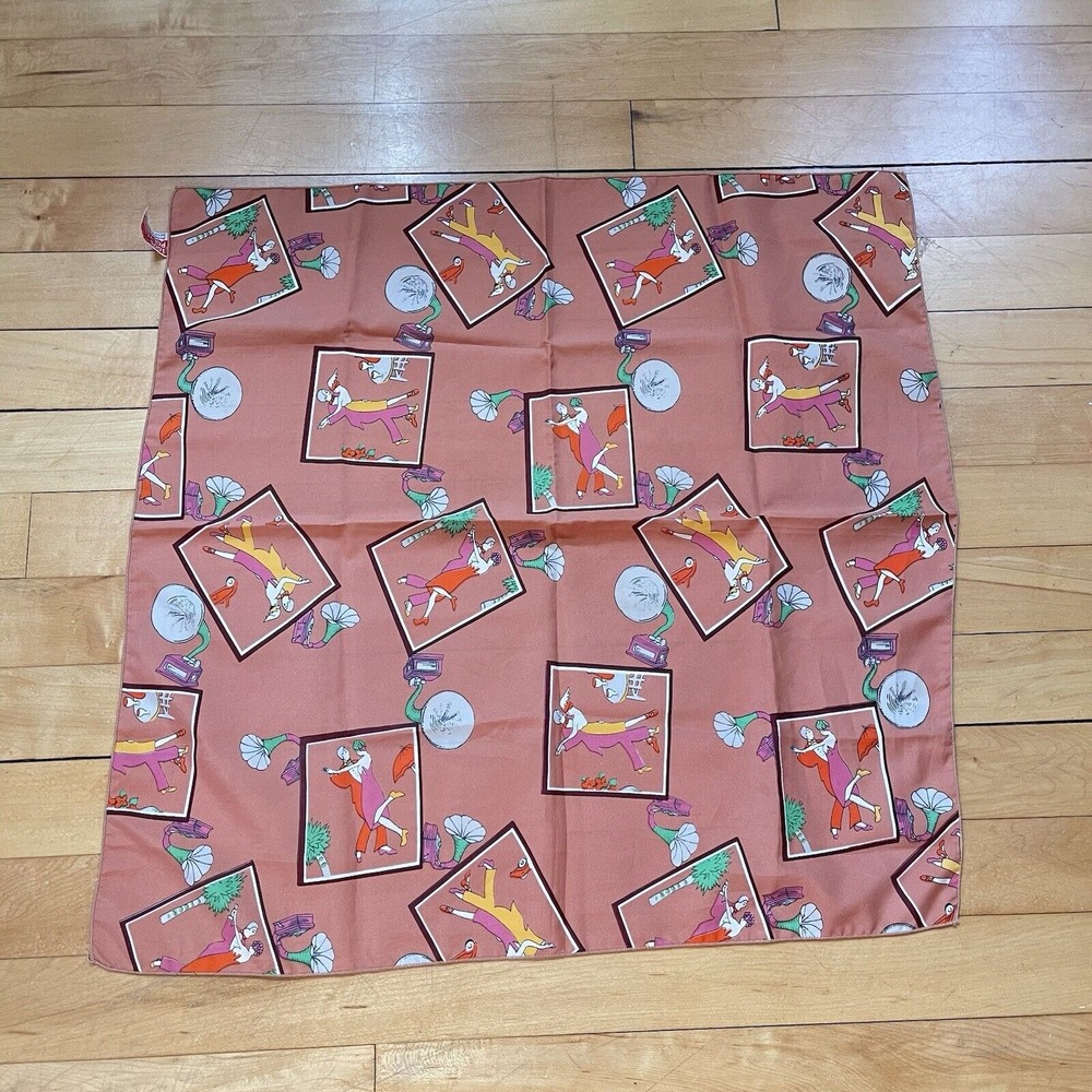 Vintage 60s SQUARE SCARF ART DECO 20s FLAPPER DANCER 209 Peach Phonograph‎ 21"